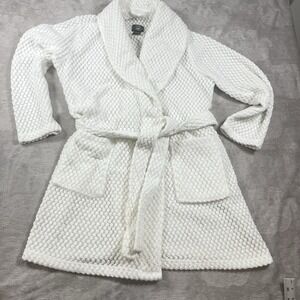 Laura Ashley White Plush Robe Vintage S/M Ribbed‎ Long Plush Velvet Spa